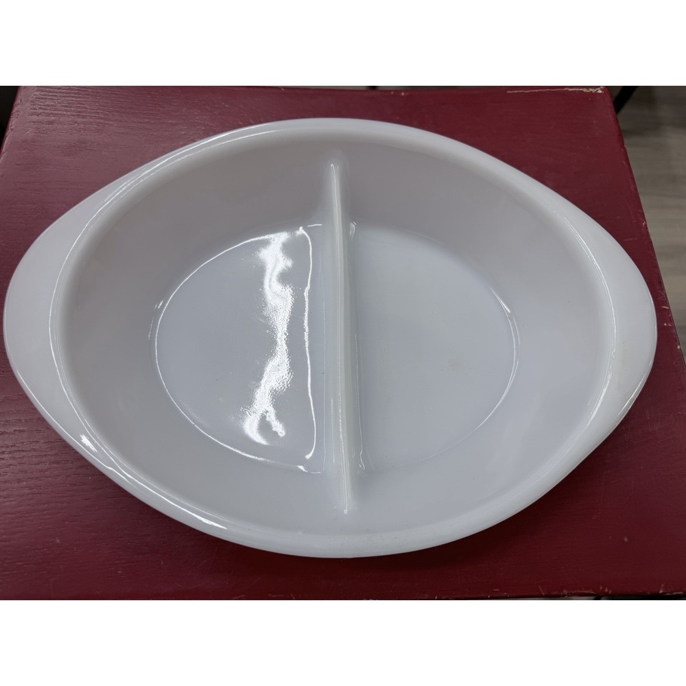 Vintage GLASBAKE White Milk Glass Oval Divided Baking Serving Dish J-2352 USA